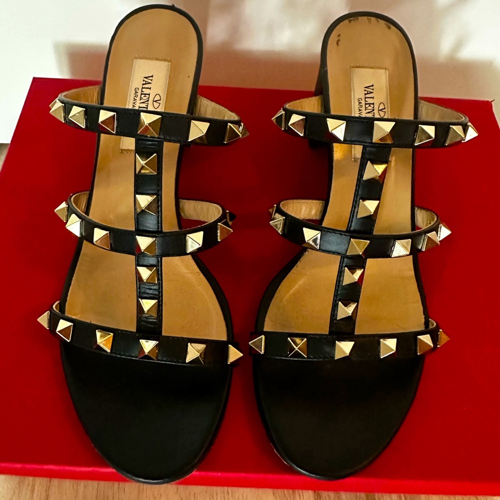 Valentino Studded Black and Gold Sandals